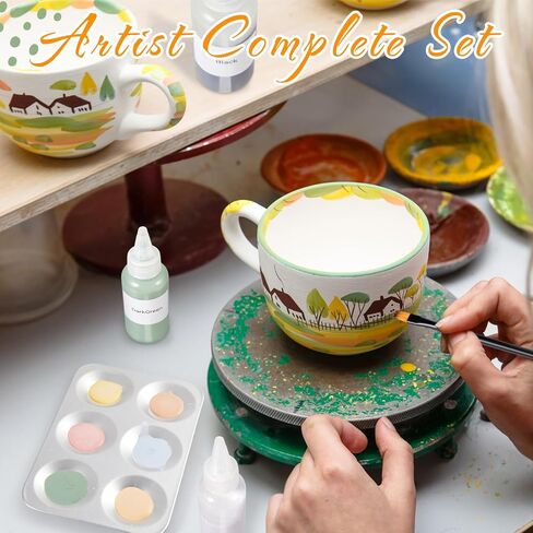Dunzoom Underglaze for Ceramics Kit Underglaze Paint Colors 12 Ceramic Clay Assorted Colors in 2 Ounce with 6 Pcs Paint Brushes and a Paint Tray Concentrated Opaque Liquid Underglaze in Kuwait
