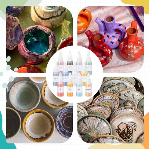 Dunzoom Underglaze for Ceramics Kit Underglaze Paint Colors 12 Ceramic Clay Assorted Colors in 2 Ounce with 6 Pcs Paint Brushes and a Paint Tray Concentrated Opaque Liquid Underglaze in Kuwait