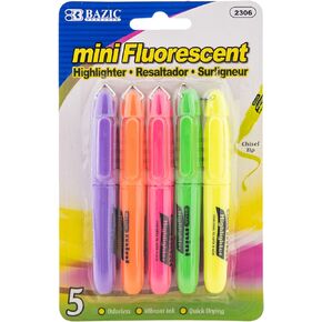BAZIC Mini Highlighter Pen Assorted Color, Chisel Tip Broad Fine Line Highlighters Coloring Marker (5/Pack), 1-Pack
