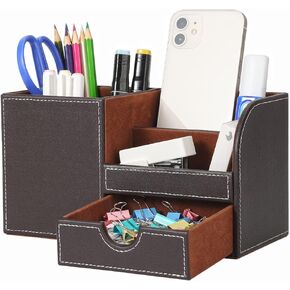 KINGFOM Desk Organizer Office Supplies Caddy Pu Leather Multi-function Storage Box Pen/Pencil,Cell phone, Business Name Cards Remote Control Holder with Small Drawer Black