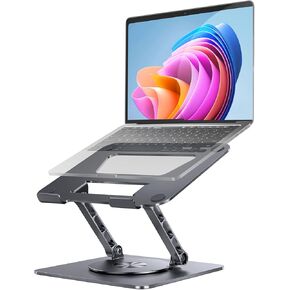Rotating Laptop Stand, 360° Angle Swivel, Height Adjustable for Neck/Shoulder Health, Solid Aluminum Base, Fits 10"-17" Laptop & Tablet (Silver)
