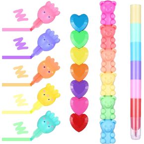 4 Pack 20 Pcs Cute Mini Highlighter Pens Stackable Kawaii Marker Pens Classroom School Pastel Color Highlighters Cute Stationary Markers for Back To School Gifts(Octopus, Bear, Heart, Round)