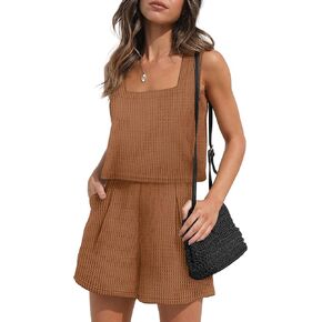 XIEERDUO Waffle Knit 2 Piece Outfits for Women Summer Short Set with Pocket Travel Outfits Lounge Outfit for Women