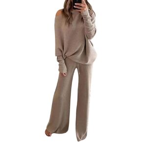 Linsery Womens 2 Piece Outfits One Shoulder Knit Sweater Pullovers Wide Leg Pants Sets Sweatsuit Tracksuit