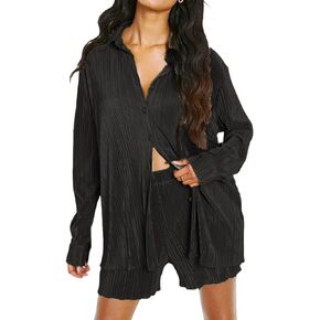 NUFIWI Women Oversized 2 Piece Outfits Pleated Long Sleeve Button Blouse Top Wide Leg Pants Sets Streetwear Loungwear