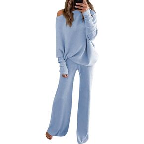 Linsery Womens 2 Piece Outfits One Shoulder Knit Sweater Pullovers Wide Leg Pants Sets Sweatsuit Tracksuit