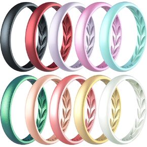Zollen 10 Packs Silicone Wedding Rings for Women, 3.5mm Metallic Thin Rubber Wedding Bands Stackable Ring, Inner Breathable Olive Leaves Design