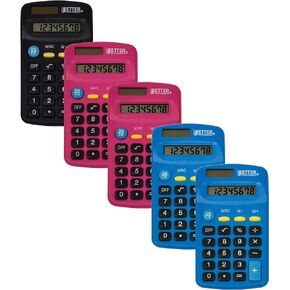 Pocket Size Mini Calculators, 5 Pack, Handheld Angled 8-Digit Display, by Better Office Products, Standard Function, Assorted Colors (Blue, Black, Pink), Dual Power with Included AA Battery Power