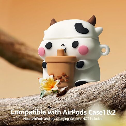 لطيف بوبا الشاي البقرة airpods القضية مع مجموعة نظافة، 3D الكرتون مضحك kawaii الأزياء مع سلسلة المفاتيح للفتيات الفتيان الأطفال لairpod حالة الجيل الثاني والأول، غطاء سيليكون للقرون الهواء الملحقات الواقية in Saudi Arabia