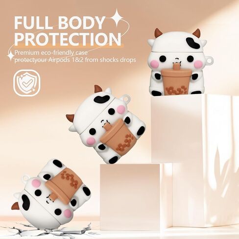 لطيف بوبا الشاي البقرة airpods القضية مع مجموعة نظافة، 3D الكرتون مضحك kawaii الأزياء مع سلسلة المفاتيح للفتيات الفتيان الأطفال لairpod حالة الجيل الثاني والأول، غطاء سيليكون للقرون الهواء الملحقات الواقية in Saudi Arabia