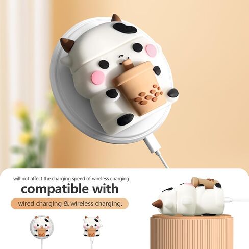 لطيف بوبا الشاي البقرة airpods القضية مع مجموعة نظافة، 3D الكرتون مضحك kawaii الأزياء مع سلسلة المفاتيح للفتيات الفتيان الأطفال لairpod حالة الجيل الثاني والأول، غطاء سيليكون للقرون الهواء الملحقات الواقية in Saudi Arabia