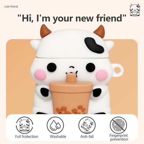 لطيف بوبا الشاي البقرة airpods القضية مع مجموعة نظافة، 3D الكرتون مضحك kawaii الأزياء مع سلسلة المفاتيح للفتيات الفتيان الأطفال لairpod حالة الجيل الثاني والأول، غطاء سيليكون للقرون الهواء الملحقات الواقية in Saudi Arabia