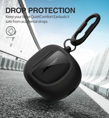 حافظة SURITCH لسماعات Bose QuietComfort Earbuds II 2022/QuietComfort Ultra 2023، غطاء واقي مقاوم للصدمات لملحقات حافظة الشحن Bose QC ii 2 مع حلقة تسلق، أسود in Kuwait