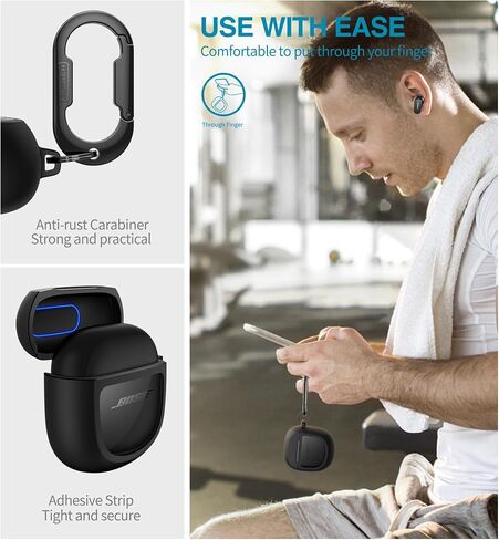 حافظة SURITCH لسماعات Bose QuietComfort Earbuds II 2022/QuietComfort Ultra 2023، غطاء واقي مقاوم للصدمات لملحقات حافظة الشحن Bose QC ii 2 مع حلقة تسلق، أسود in Kuwait