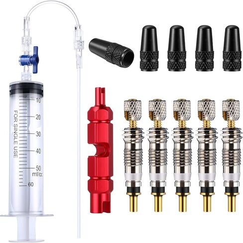 13 Pieces Cycling Syringe Kit, Tubeless Tire Sealant Syringe with Switch, Bicycle Presta Valve Core Removal Tool, 5 Presta Valve Core and 5 Presta Valve Cap Fit for Stans No Tubes Sealant and More in Saudi Arabia