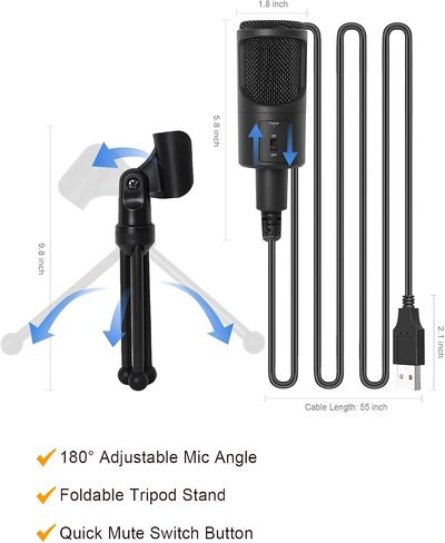 PC USB Microphone, Podcast Condenser Mic with Foldable Tripod Mute Switch for Streaming, Gaming, Podcasting, Recording, Chatting, Twitch, YouTube, on Computer, Laptop, PS4/5 Plug & Play in Saudi Arabia