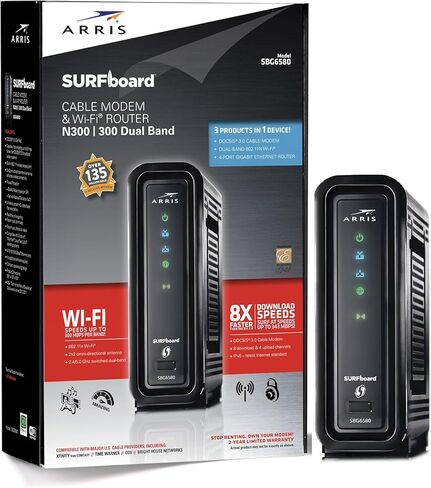 ARRIS Surfboard SBG6580-2 8x4 DOCSIS 3.0 كابل مودم / Wi-Fi N600 (N300 2.4 جيجا هرتز + N300 5 جيجا هرتز) جهاز توجيه ثنائي النطاق - عبوة البيع بالتجزئة باللون الأسود (570763-034-00) in Kuwait