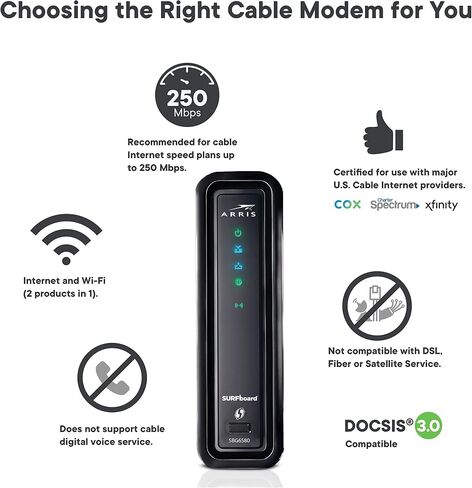ARRIS Surfboard SBG6580-2 8x4 DOCSIS 3.0 كابل مودم / Wi-Fi N600 (N300 2.4 جيجا هرتز + N300 5 جيجا هرتز) جهاز توجيه ثنائي النطاق - عبوة البيع بالتجزئة باللون الأسود (570763-034-00) in Kuwait