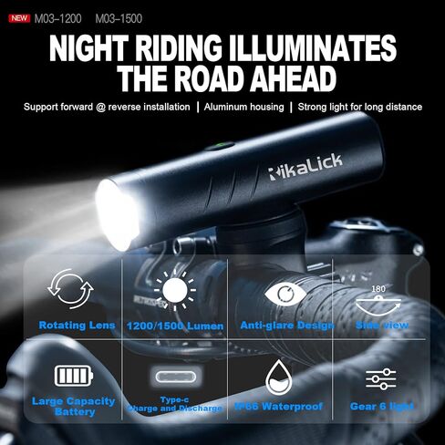 Bike Lights 1200 Lumen Bike Lights for Night Riding,Side warning lights with 180-degree visibility，With 5 Modes of Bike Lights,TypeC Bike Headlight Rechargeable,Free Taillights,Brackets in Kuwait