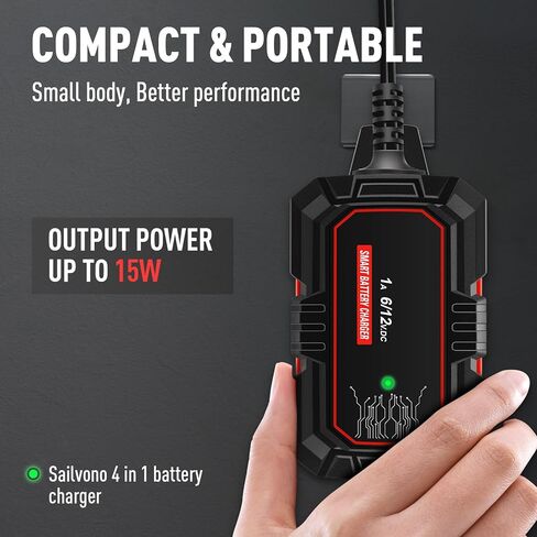 شاحن بطارية Sailnovo 4A، شاحن هزلي ذكي 6 فولت و12 فولت، 10 مراحل 14.6 فولت LiFePO4 جهاز صيانة البطارية التلقائي مع وضع الإمداد لبطاريات حمض الرصاص لجزازة العشب والدراجة النارية in Kuwait