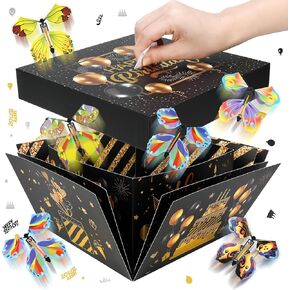 XLSXXCCL Birthday Explosion Gift Box ، Black Gold Smathion Flying Flying Breatfly Home Fox ، DIY تنفجر هدية عيد ميلاد مفاجأة لأعياد الميلاد ، الزفاف ، عيد الأم ، الذكرى السنوية ، 7.9 × 7.9 × 3.9 في