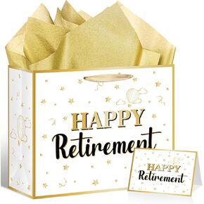 LUUFILx White Gold Retirement Gift Bag for Men Women Large Happy Retirement with Wrapping Paper Card The Legned Has Retired Gift Bag for Office Coworker Farewell Going Away Party Decorations Supplies