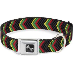 Buckle-Down Seatbelt Buckle Dog Collar - Chevron Weave Black/Rasta - 1" Wide - Fits 15-26" Neck - Large