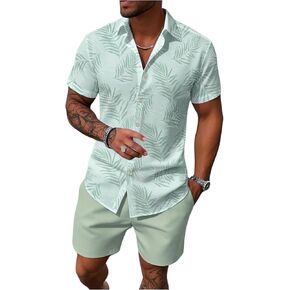 WDIRARA Men's Hawaiian Matching Set Summer Beach 2 Piece Outfits Tropical print Shirts and Shorts