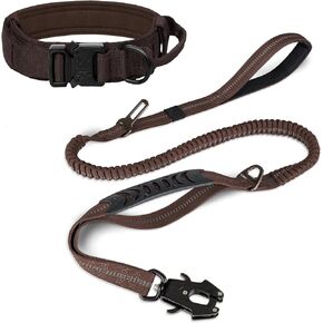 طوق الكلب التكتيكي Joytale (17 "-21") ومجموعة مقود الكلاب ، ومقود الكلب الذي يمتص الصدمات وطوق الكلب القوي القابل للتعديل مع مقبض للكلاب الكبيرة (بني ، ل)