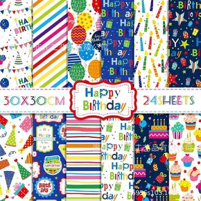 Birthday & Festival Celebrations Scrapbook Paper - 24 Sheets, 12 Patterns, Double-Sided Printing, for Home Crafting, School Projects, Party and Holiday Decorations-11.8 x 11.8 Inches