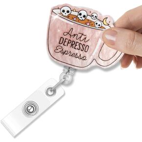 مكافحة الاكتئاب espresso glitter حامل شارة قابلة للسحب ، ومضحكة بطاقة هوية القهوة الجمجمة شارة الهدايا لعامل محبي القهوة ، هدايا الصحة العقلية لمرضى الاكتئاب ، هدايا الهالوين