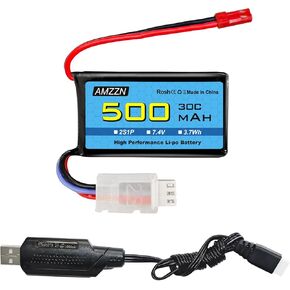 2PCS 7.4V 500mAh 30C JST-2P Plug Lipo Battery with 2-in-1 Charger for RC Vehicles