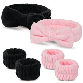 WSYUB Makeup Headbands, 1pcs Black Spa Headband Fluffy Bow Tie Headband Microfiber Face Headband, and 2Pcs Wrist Spa Wash Band Absorbent Wristbands, for Washing Face Skin Care
