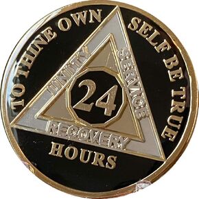 24 Hours AA Medallion Glossy Classic Black Tri-Plate Sobriety Chip