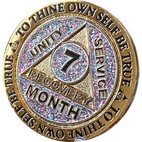 7 Month AA Medallion Reflex Funfetti Birthday Glitter Gold Sobriety Chip