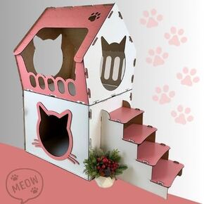 Indoor Wooden Cat House – Two-Story Pink Pet Shelter with Ladder, Spacious Design for Two Cats, Easy Assembly, Durable for Cats up to 15 lbs