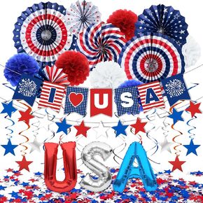 4th of July Decorations, 33PCS Patriotic Red White and Blue Decorations Set with Banner, USA Foil Balloons, Paper Fans, Star Streamer, Hanging Swirls, Pom Poms for Fourth of July Memorial Day