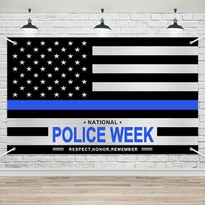 Lofaris National Police Week Banner - 70.8x43.3 Inch Thin Blue Line Flag Backdrop - Polyester Fabric Background for Law Enforcement Appreciation, Police Officer Memorial, Blue Lives Matter Event, Party Decorations