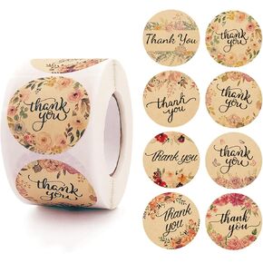 Lasiveo 1.5 inch kraft شكرًا لك ملصقات 500 PCS أنماط زهرة علامات مستديرة مع 8 تصميمات لفة لفة لفة التجزئة التجزئة التجزئة ، S ، S ، S