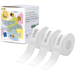 3 Rolls White D30 Label Tape, 480 Labels (12mm x 40mm / 0.47" x 1.57") Self-Adhesive Thermal Sticker Paper for D30 D35 Q30 Label Printer, Replacement Labels for Home, Office & School