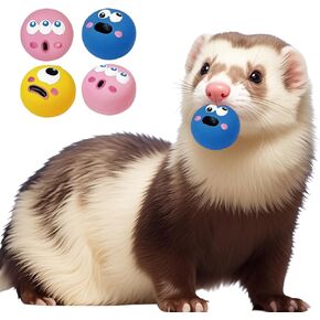 Ferret Rubber Squeaker Toy Balls Latex Puppy Cat Toy Lovely Interactive Play Tough Teething Toys Big Eyes Printed Ball Washable 4 Pack (4 Pcs)