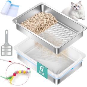 Foldable Stainless Steel Covered Cat Litter Box with Lid Mat -Metal Enclosed Extra Large Top Entry Kitty Litter Pan Tray with Scoop :Anti-Leakage, Odor Control, Easy Clean(Covered-Grey)