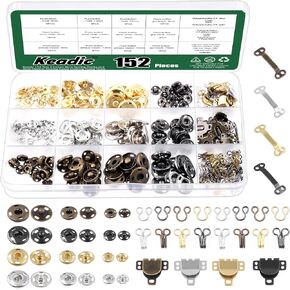 Keadic 152Pairs 3 Style Sewing Hooks and Eyes Closure Assortment Set, 9/10/12mm Metal Snaps Buttons Fasteners Press Studs Clothing Fixing Tools for DIY Clothing Sewing Trousers Skirt Dress Bra
