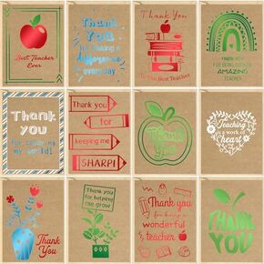 Fancy Land Thank You Cards for Teachers 24 Pack Kraft Foil Teacher Appreciation Cards with Envelopes End of School Year Graduation Gift Note