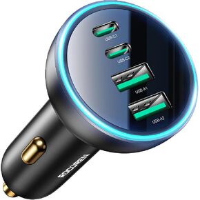 شاحن سيارة USB C 70 وات، روكورين 4 منافذ للسفر العائلي، PD 35 وات وQC3.0 شحن فائق السرعة 30 وات لأجهزة متعددة، شاحن USB ولاعة سجائر لهاتف iPhone 15 وiPad Pro وSamsung S23 وGoogle Pixel 8 in Kuwait