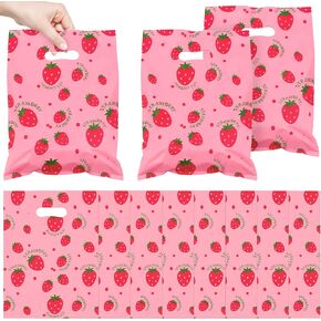 50Pcs 10*14inch Large Sweet Red Strawberry Goody Candy Treat Snack Party Favors Plastic Pink Gifts Wrapping Bags with Handles For Fruit Berry Sweet Kids Girls 1st 2nd Birthday Fruit Party Wedding Supplies