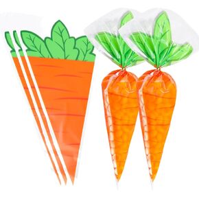 Macute Easter Cellophane Treat Bags Party Favors Bunny Carrot Egg Transparent Cellophane Wrap Clear Plastic Bags for Treats 50Pcs (Easter A)