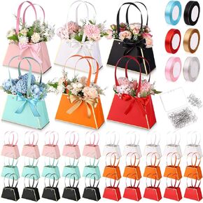 Fionupi 30 PCS Day's Paper Paper Boxes Bouquet Portable Bupbling الأكياس مع مقبض 6 شرائط 50 دبابيس الماس زهور لترتيبات عيد ميلاد الزفاف (شبه منحرف)