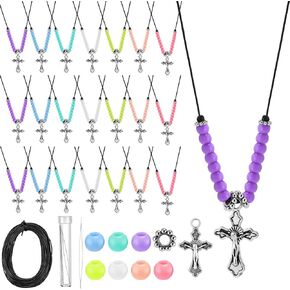 Landical 20 Set DIY Cross Netclace Kits Alloy Cross Pendant على قلادة الحبل مع حبات دينية مسيحية ملونة من أجل عيد الفصح تفضل