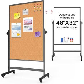 Double-Sided Corkboard Whiteboard, 32 x 48 Inches Dry Erase Board on Wheels, Height Adjustable, Portable Freestanding Board for Office, Planning, and Presentations (Cork & Black)
